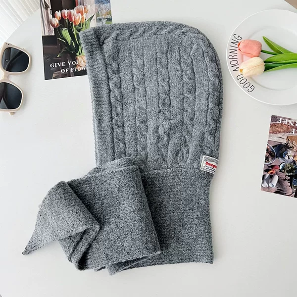 Cross-border wool balaclava hat for women, winter warm knitted versatile wool hat and scarf in one