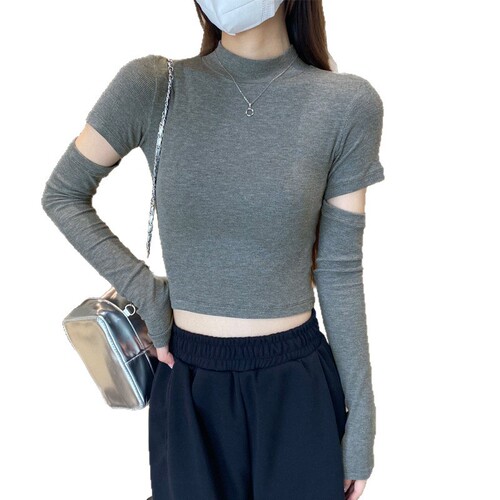 Threaded black navel half-high-neck bottomed shirt for women in autumn and winter with a foreign-style design long-sleeved slim top