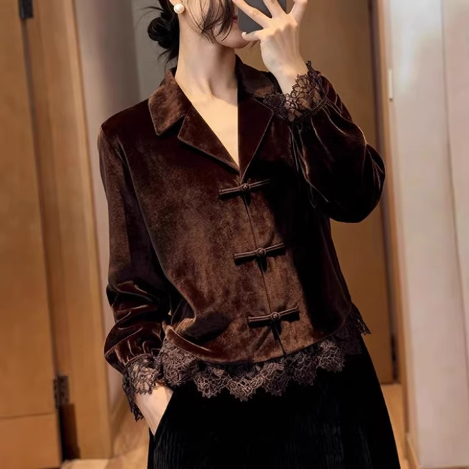 New Chinese-Style Women's Clothing, Coffee-Colored Velvet Shirt with Suit Collar and Buttoned Design, 2026 National Style, Elegant and Beautiful Lace Inner Top New Chinese-Style Women's Clothing, Coffee-Colored Velvet Shirt with Suit Collar and Buttoned Design, 2026 National Style, Elegant and Beautiful Lace Inner Top