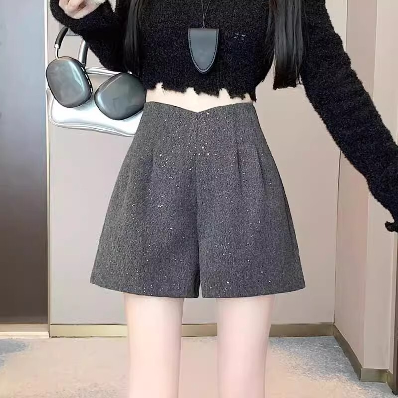 Loose Wide-Leg Pants 2025 New Woolen Shorts Women's Autumn and Winter Outer Wear with Boots Sequined High-Waisted Casual Pants Loose Wide-Leg Pants 2025 New Woolen Shorts Women's Autumn and Winter Outer Wear with Boots Sequined High-Waisted Casual Pants