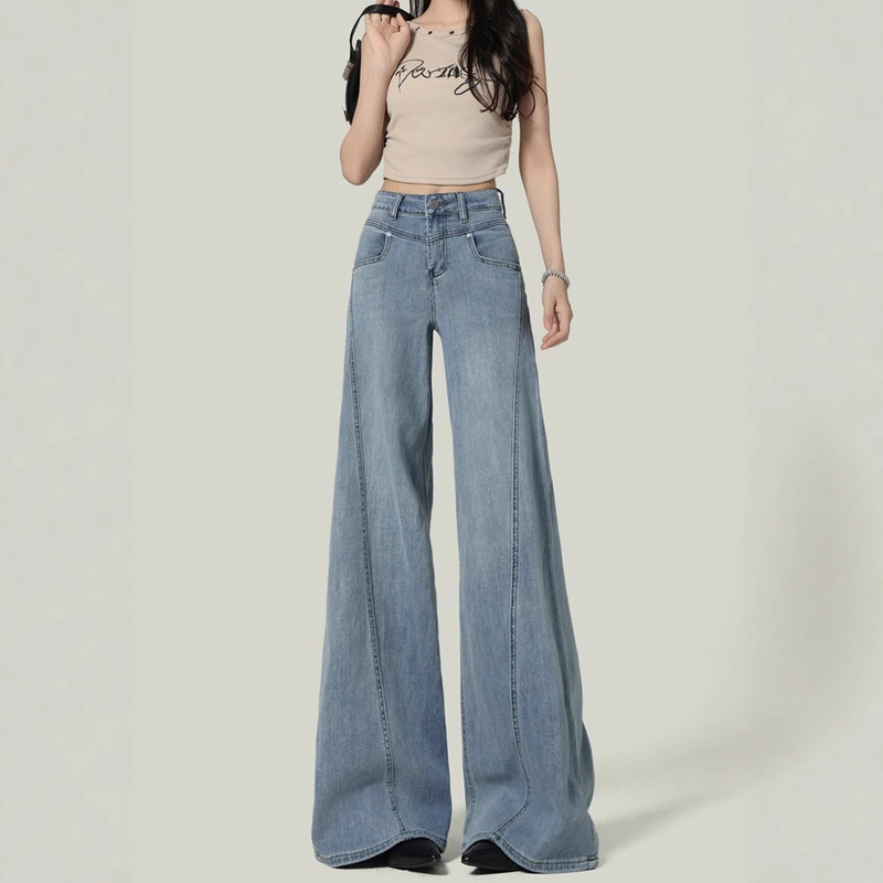 Light Blue High-Waisted Slim Women's Wide-Leg Jeans Women's Straight-Leg Denim Straight Pants Women's Pants Women's Autumn