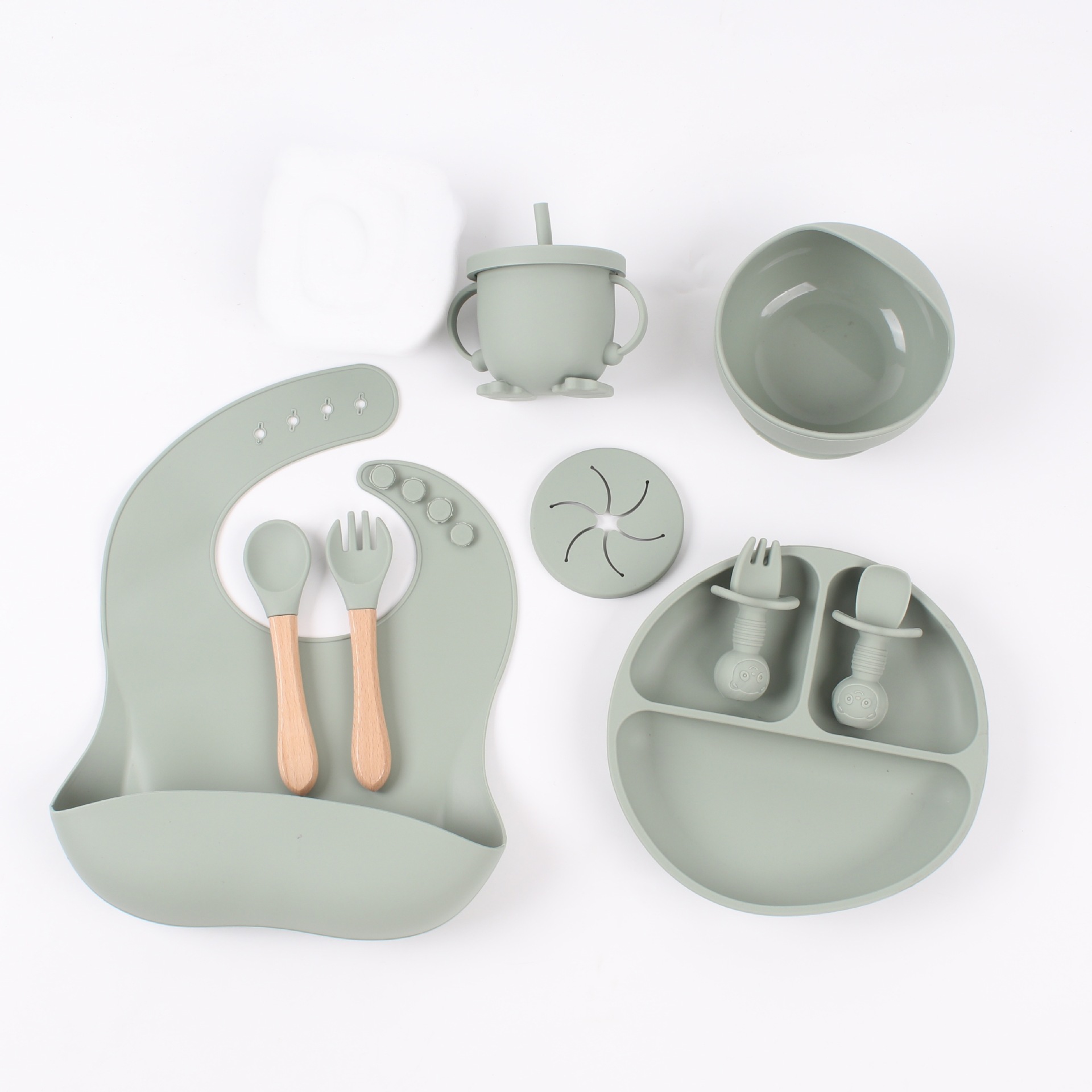 Vajilla de silicona de punto transfronterizo, tenedor, cuchara, taza para beber, suplemento alimenticio para niños, juego de 9 piezas, plato de ventosa, babero, plato de comedor, ventosa a prueba de caídas
