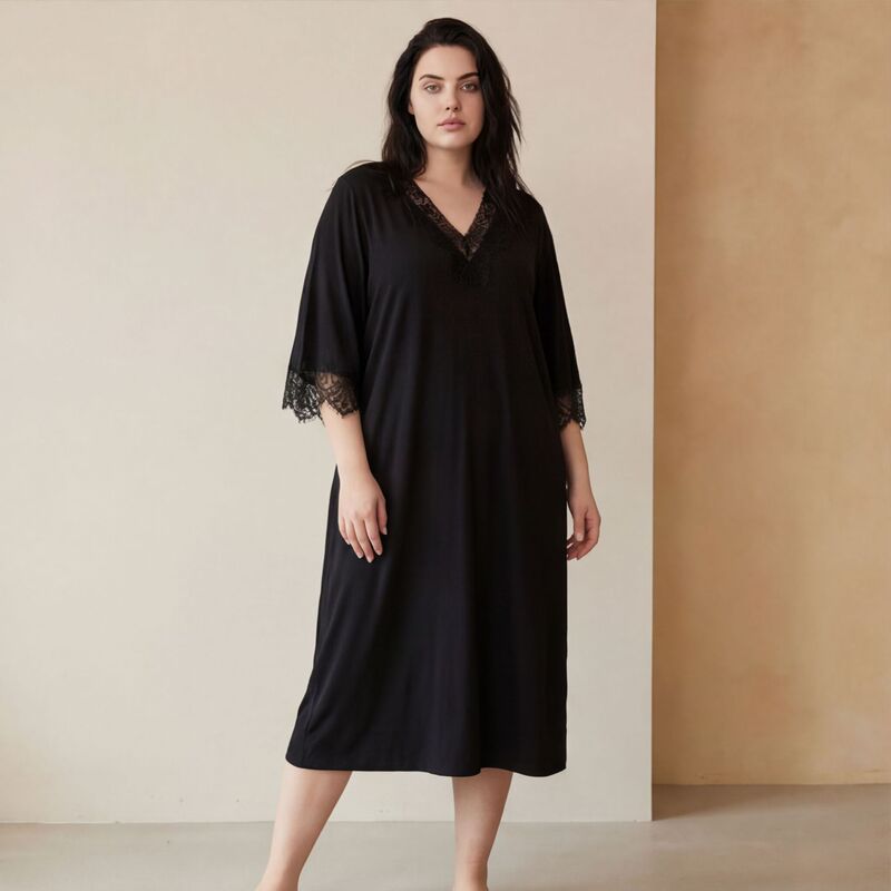 Cross-Border European and American Plus-Size Solid Color Lace Mid-Sleeve Nightgown, Loose Home Long Dress, Sexy and Simple Women's Sleepwear for Spring and Summer