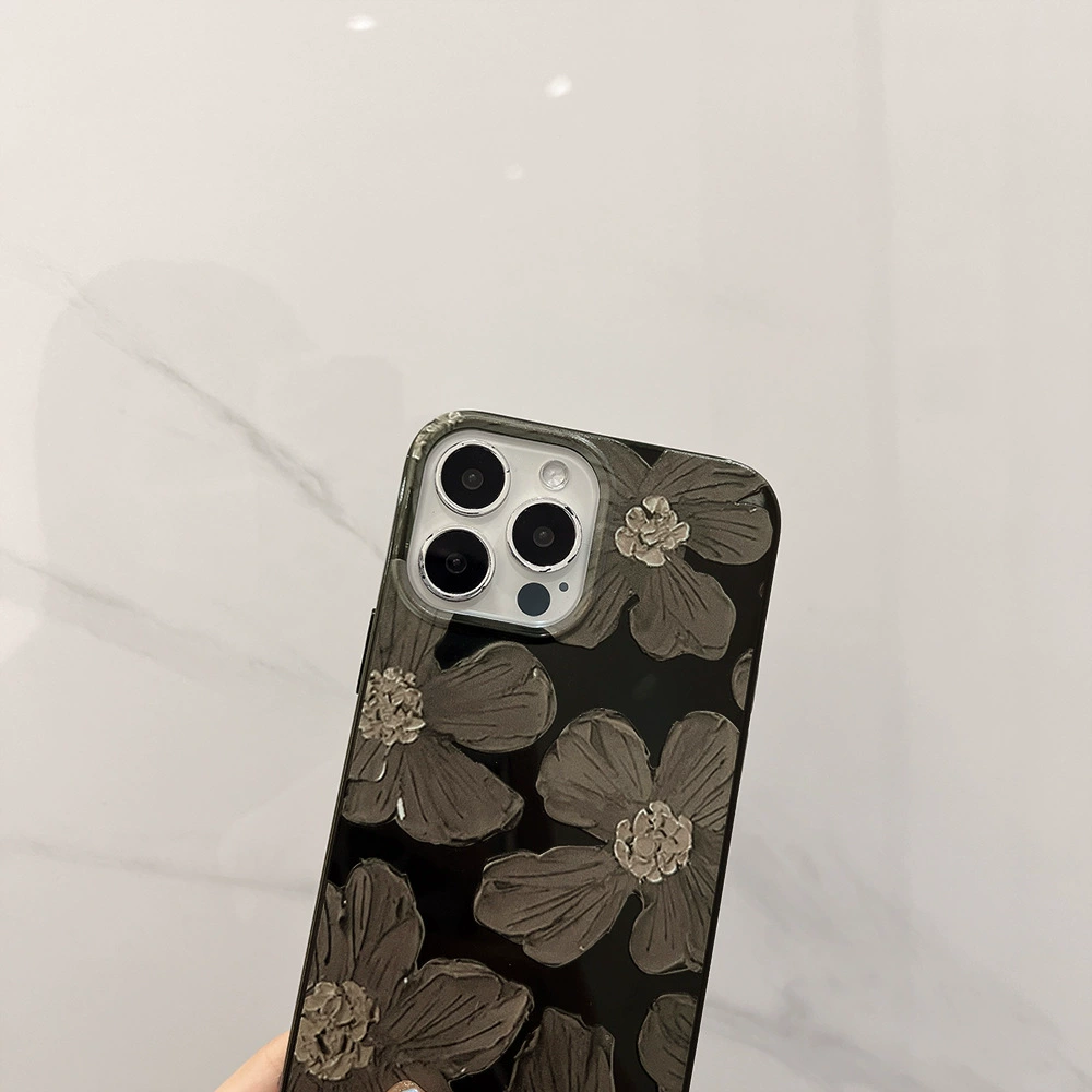 Silicone Phone Case (iPhone) Floral Oil-Paint Design, Bright Black, Slim Protective