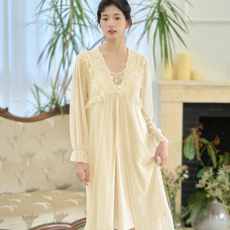 French Mesh Nightgown with Breast Pads, Lace Lace Long-Sleeved Casual Palace Style Comfortable Mid-Length Thin Home Clothes French Mesh Nightgown with Breast Pads, Lace Lace Long-Sleeved Casual Palace Style Comfortable Mid-Length Thin Home Clothes