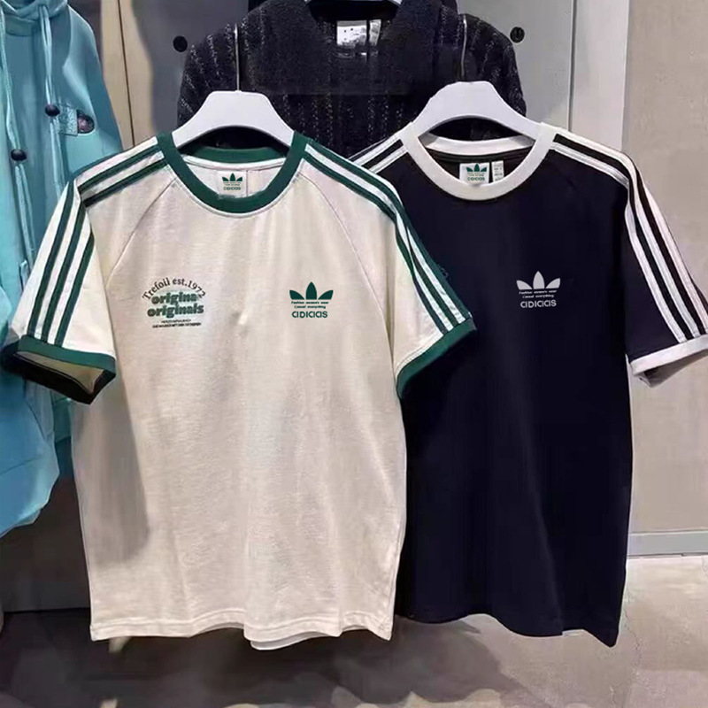 Three-Leaf Print Three-Stripe Crew Neck Short-Sleeve Men's T-Shirt Women's Tee Summer Pure Cotton Sports Top Retro Classic