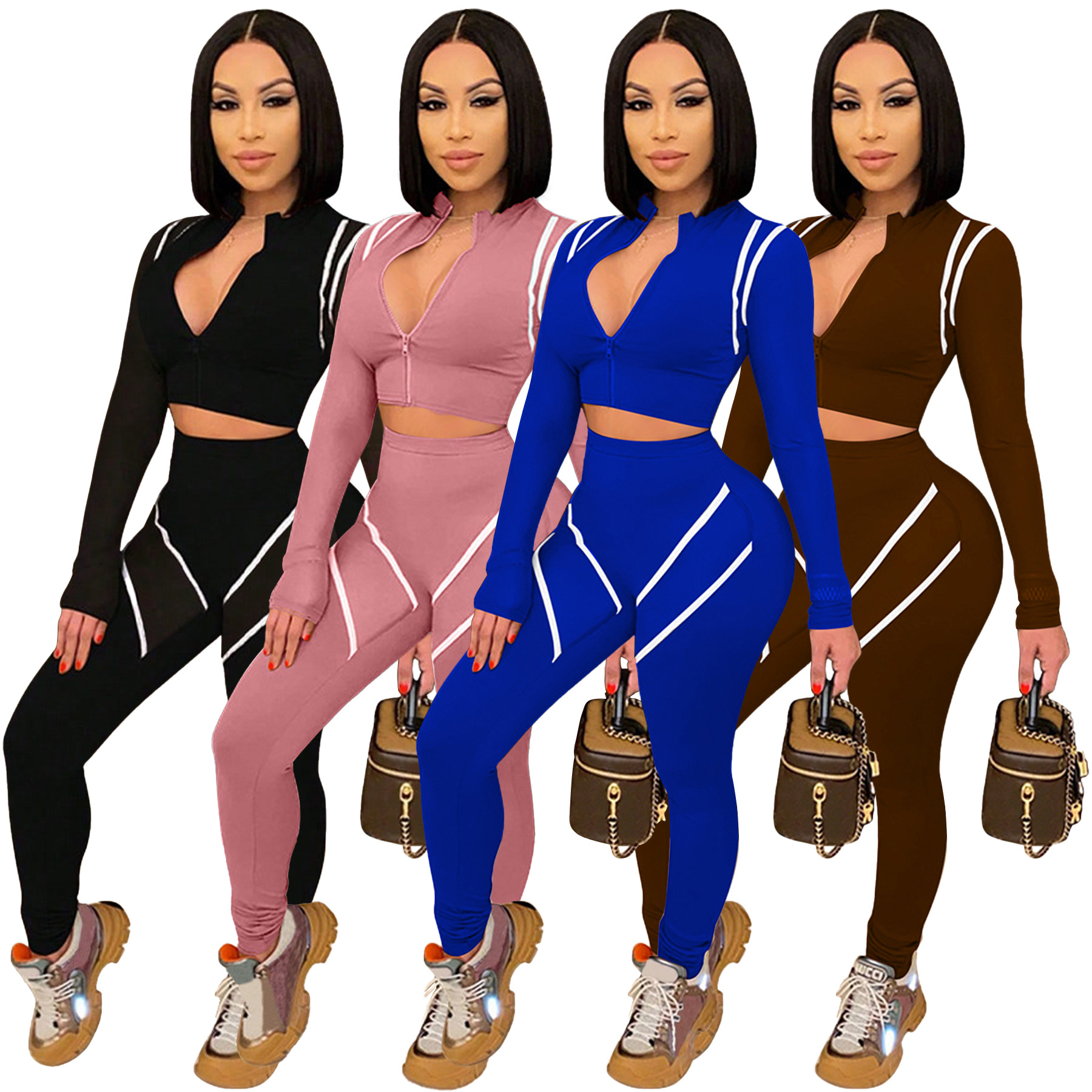 9808 Aliexpress Amazon European and American Fashion Women's Clothing Stitching Contrasting Color Long-Sleeved Slim Casual Sports Suit Ready for Sale