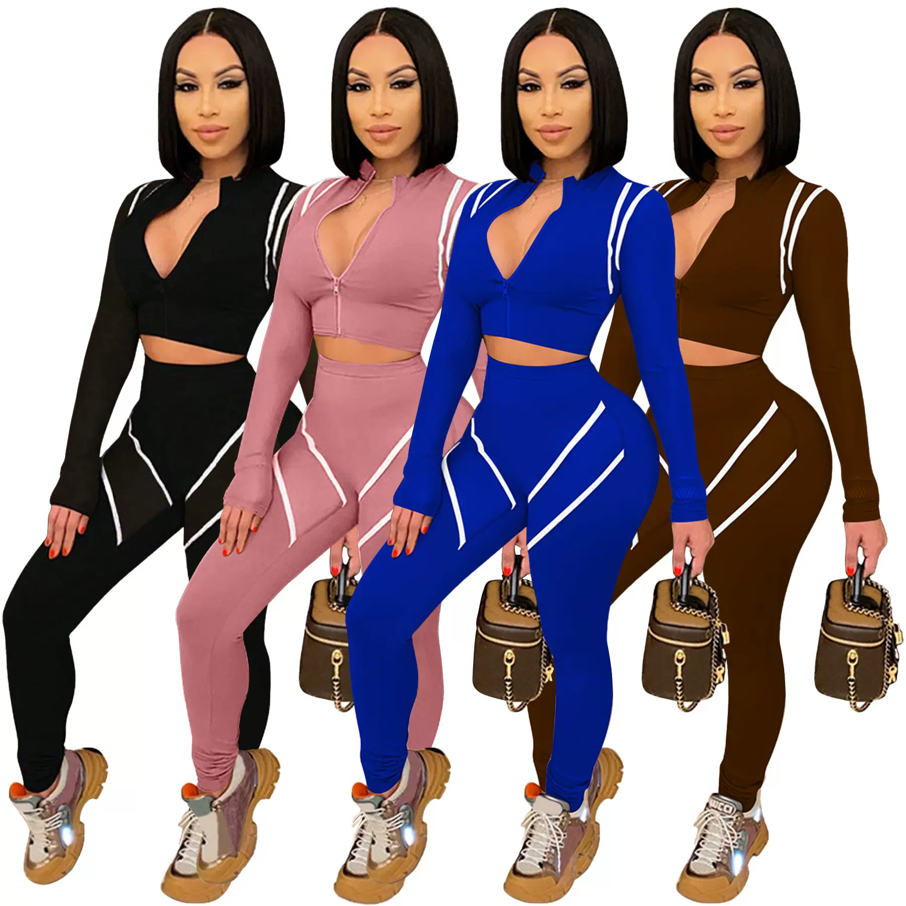 9808速卖通亚马逊欧美时尚女装拼接撞色长袖修身休闲运动套装现货