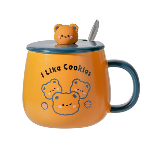 Cartoon ceramic mug with lid, breakfast cup, household milk cup, cute couple water cup, high-looking drinking cup