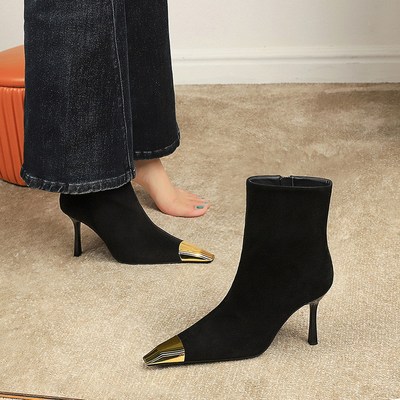 1763-2 European and American style metal small pointed thin heel high-heeled women's boots fashion high texture suede women's short boots