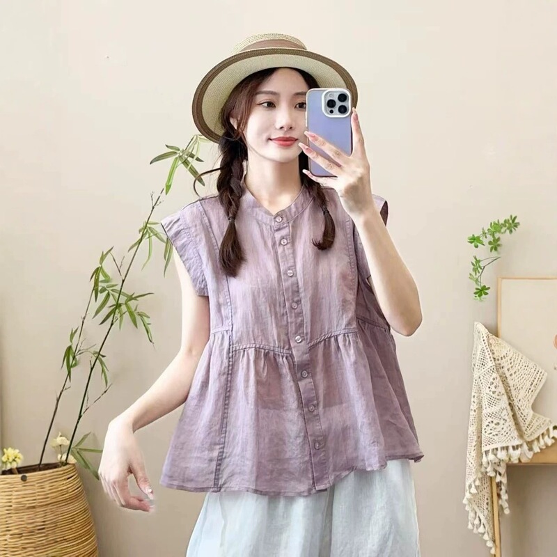 Forest Girl Style Flutter Sleeve Ramie Shirt for Women, Summer Design Ramie Top, Versatile Loose Short Cardigan