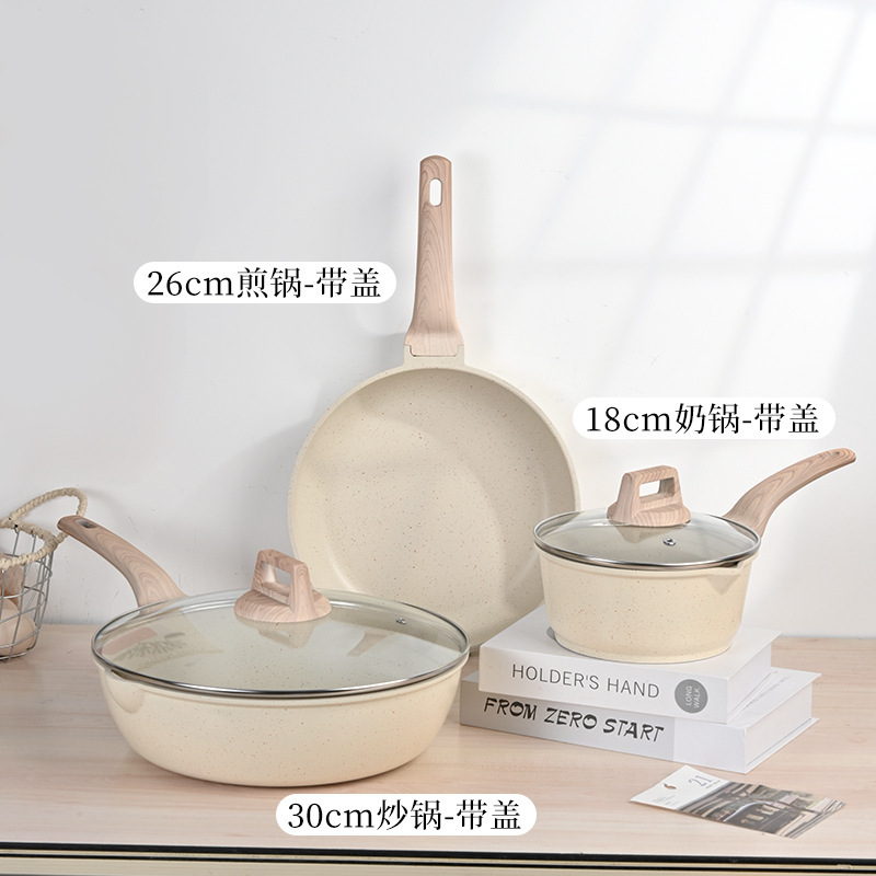 Juego de utensilios de cocina transfronterizo, juego doméstico de cuatro piezas, juego de utensilios de cocina de piedra de mármol, alto valor estético, integrado para cocinar al vapor y saltear, sartén antiadherente al por mayor