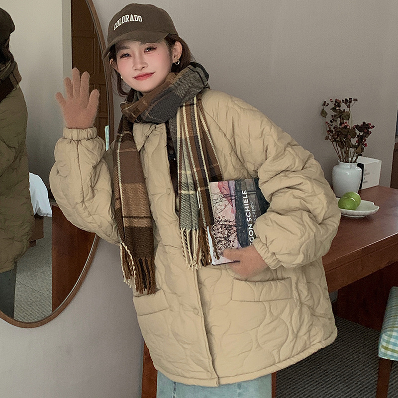 菱格綿服女2023新型韓国版冬服レトロ大サイズコートパン服ゆったり内底羊毛女