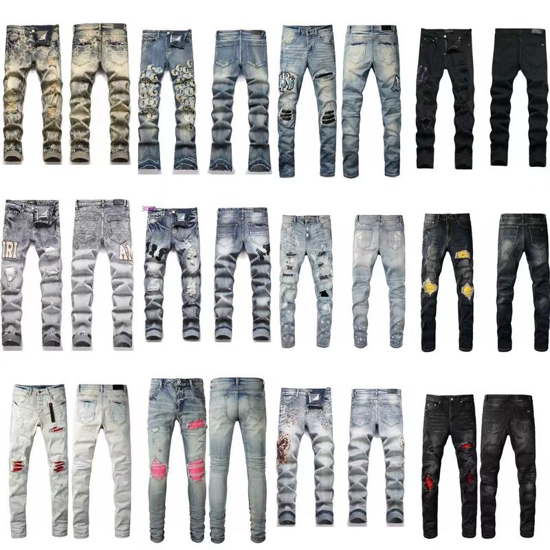 Cross-Border High Version Correct Trendy Brand Amiri Heavy Craftsmanship Washed Ripped High Street Embroidered Jeans for Men and Women Couples