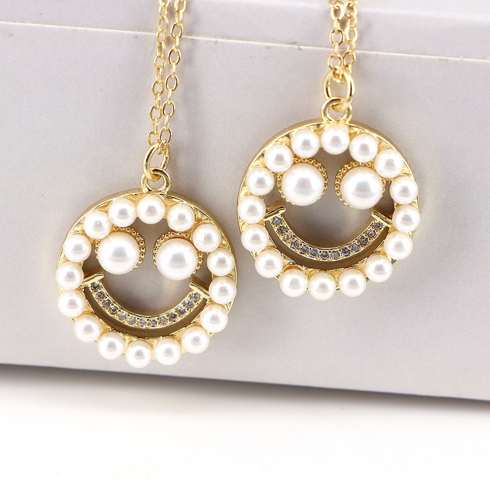 European And American Style Inlaid Pearl Zircon Hollow Smiley Face Pendant Necklace display picture 2
