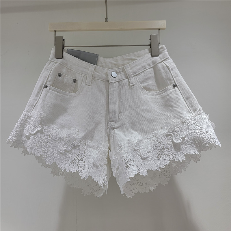 Pantalones Cortos de Mezclilla Corte A con Empalme de Encaje para Verano