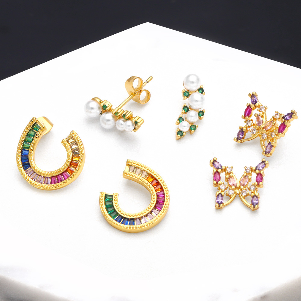 Fashion Butterfly Copper Ear Studs Inlay Pearl Zircon Copper Earrings