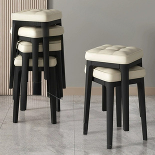 Light Luxury Stool for Home Use, Stackable High Stool, Thickened Plastic Chair, Soft Cushion Square Stool, Dining Table Single Stool, Waiting Stool