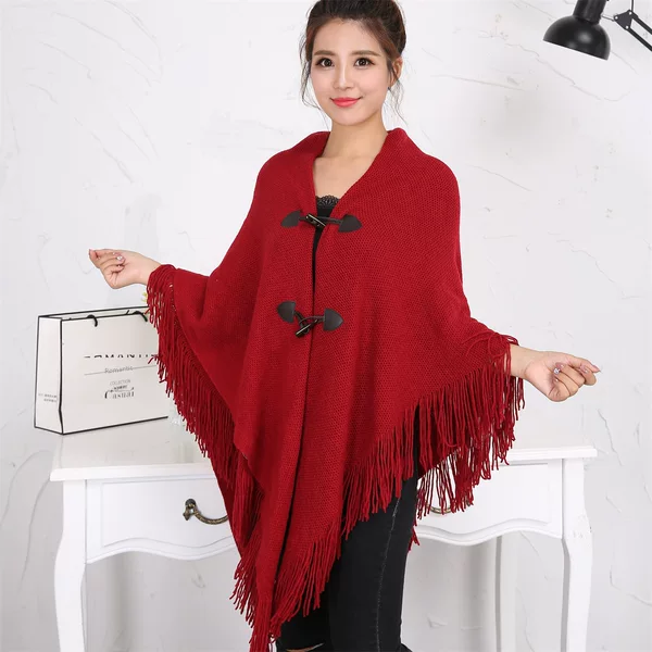 Autumn and Winter New Shawl Cloak Tassel Horn Button Pure Color Asymmetrical Double Layer Tassel Cloak Shawl Warm and Thickeneded