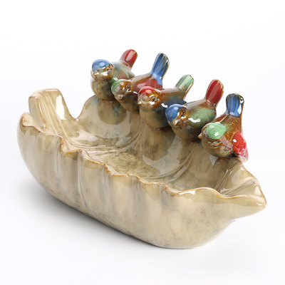 厂家直供陶瓷工艺品 窑变釉水果盘摆件 小鸟 动物水果盘家居摆设