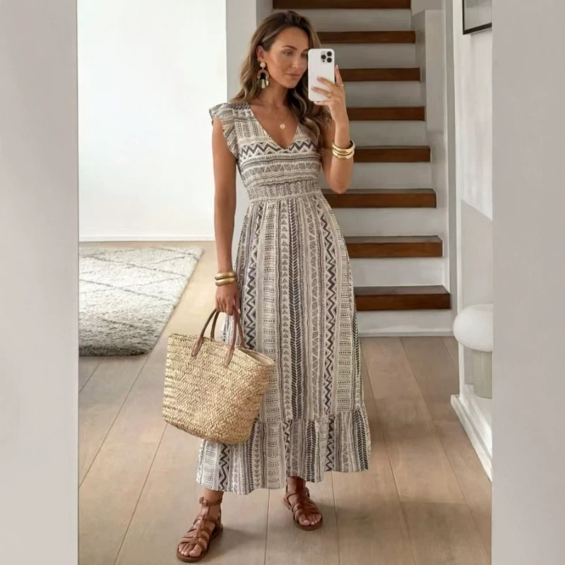 Cross-Border Women's Casual Retro Vacation Long Dress with Waist-Cinching Design, Suitable for Everyday Wear in Spring and Summer, Shirt Dress Style