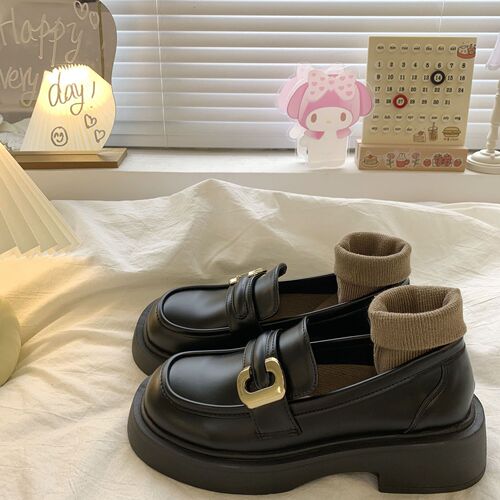 Luminous Small Leather Shoes for Women -  Spring New Model, Low Mouth Round Head Single Shoes for Petite Feet, High-Lifting Thick Sole Loafers