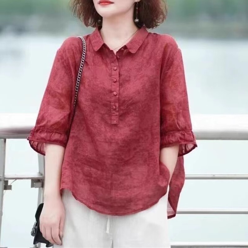 All-match high-grade foreign-style mother shirt sweat-absorbent breathable travel photo punch middle-aged short-sleeved shirt summer A3728