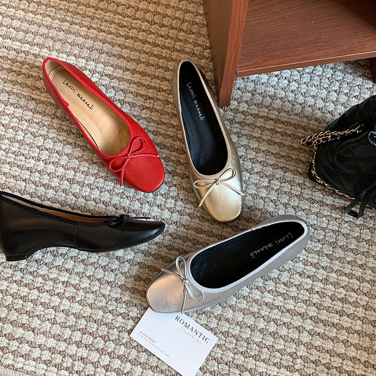 Genuine Leather Inner Height-Increasing Shallow-Mouthed Single Shoes for Women, Korean Style Single Shoes, New Spring Model, Genuine Leather Inside and Out, New Bow-Knot Design, Mid-Heel Shoes