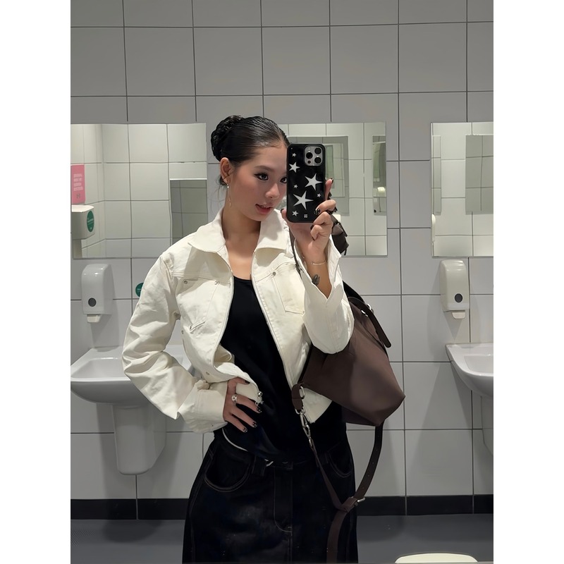 F383 美式复古铆钉短款夹克高级质感翻领外套女辣妹休闲百搭上衣|undefined