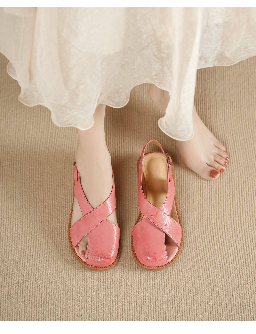 Dép sandal nữ quai chữ V đơn giản da bò mềm đế bệt — màu hồng chi tiết 5