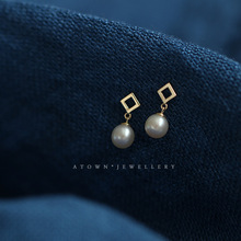 925纯银镀金镂空方形珍珠耳环 简约气质迷你耳钉女复古饰品高级感