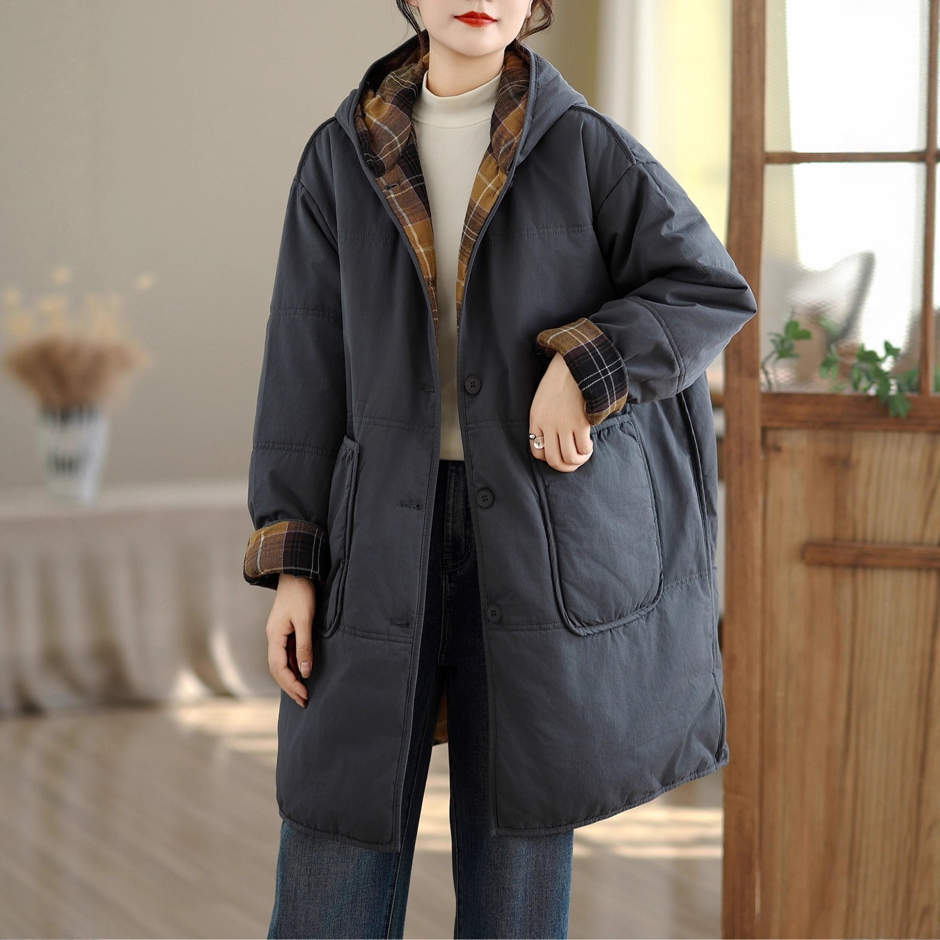 中长款连帽棉服女 2025冬新款气质宽松风衣外套夹棉加厚棉衣81638