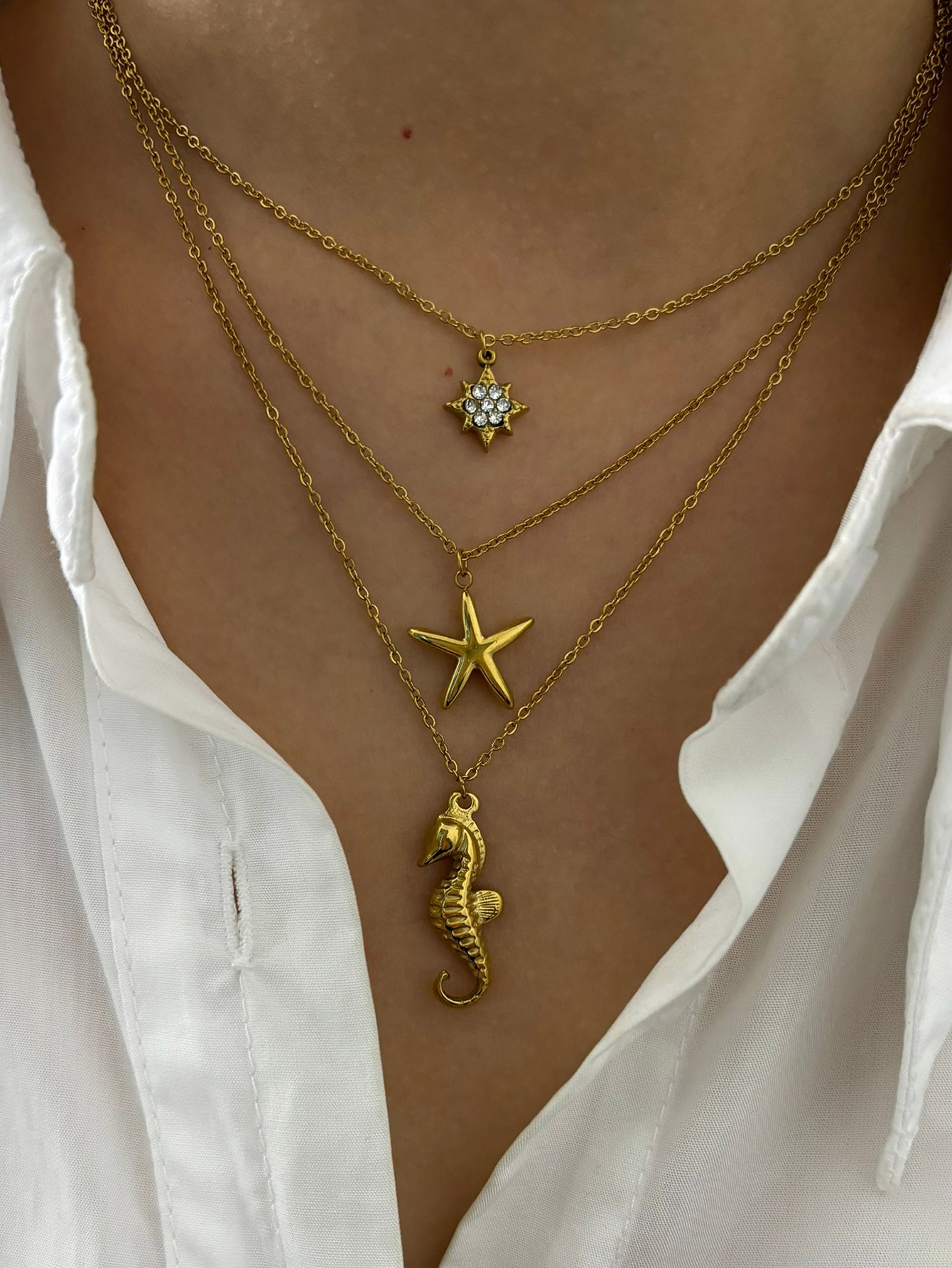 Rhinestones Inlay Material Pendant Necklace Classification 316L Stainless Steel Chain Material 18K Gold Plated 316L Stainless Steel Rhinestones Starfish Hippocampus Waterproof Non Tarnish Surgical Steel IG Style Cable Chain Pendant Necklace For Women's