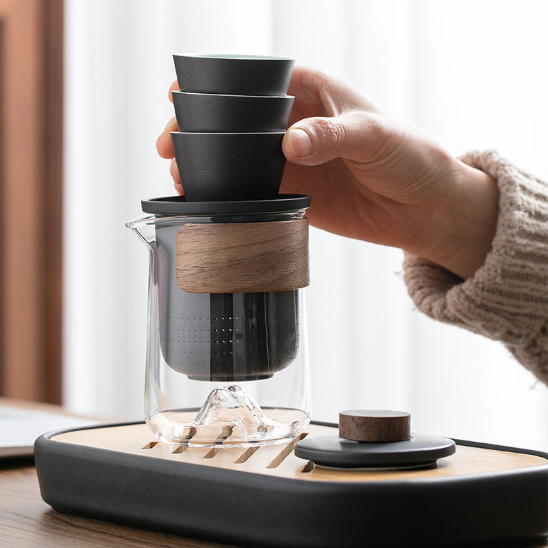 また山雨ポータブル遠山旅行茶器セット屋外ガラス快客カップ1ポット3杯ティーポット|undefined