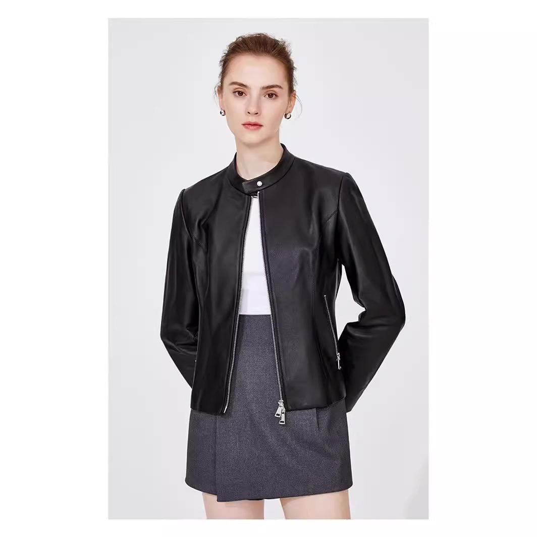 2024 Spring Casual Sheepskin Leather Jacket for Women, Black Harrington Jacket