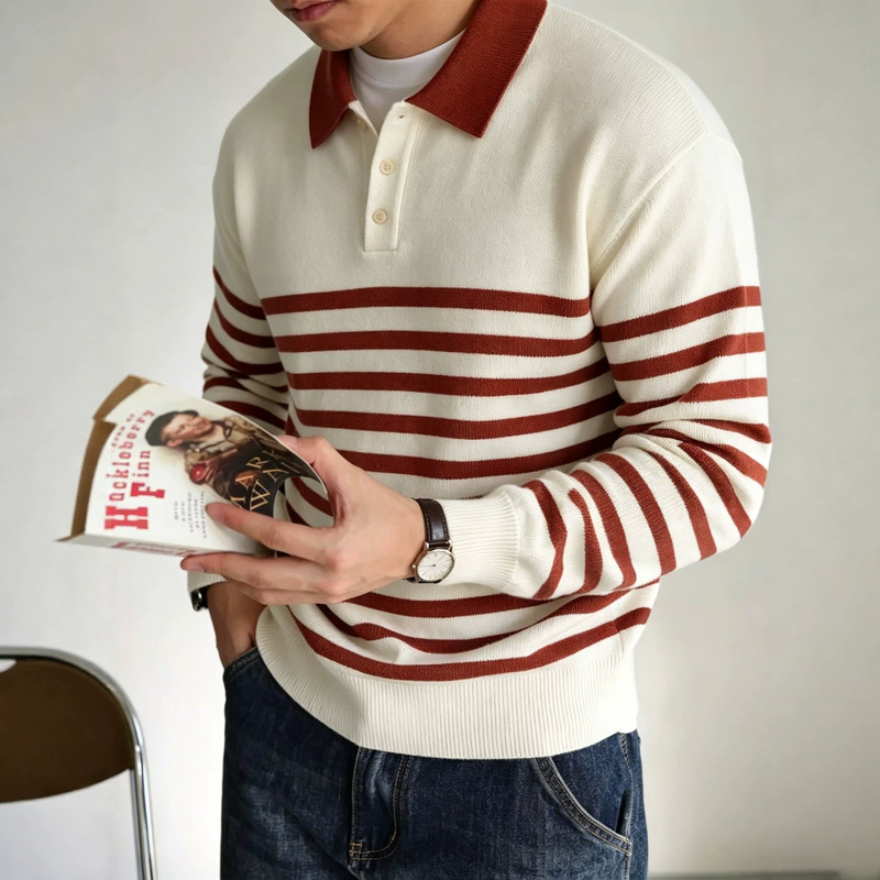 Autumn and winter men's striped polo-neck knit sweater, old money style, business casual, long-sleeved, light luxury, high-end, retro menswear Autumn and winter men's striped polo-neck knit sweater, old money style, business casual, long-sleeved, light luxury, high-end, retro menswear