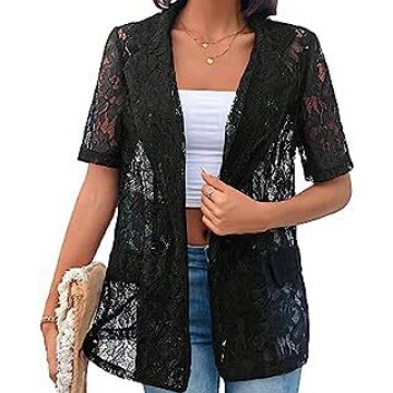 2025 Amazon New Women's Elegant Lace Jacket Front See-Through Lapel Double-Breasted Cardigan Short-Sleeved Top 2025 Amazon New Women's Elegant Lace Jacket Front See-Through Lapel Double-Breasted Cardigan Short-Sleeved Top