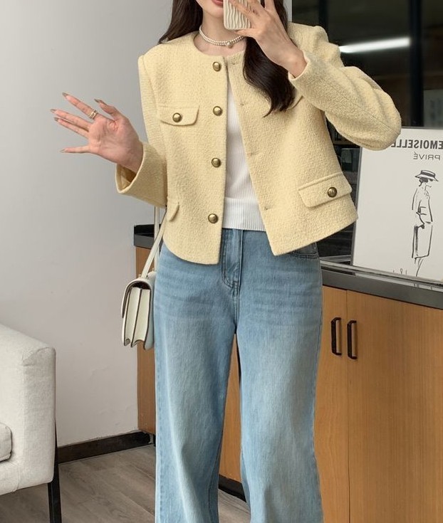 法式小香风黄色夹克长袖外套女2025年秋冬季新款宽松显瘦短款上衣|undefined