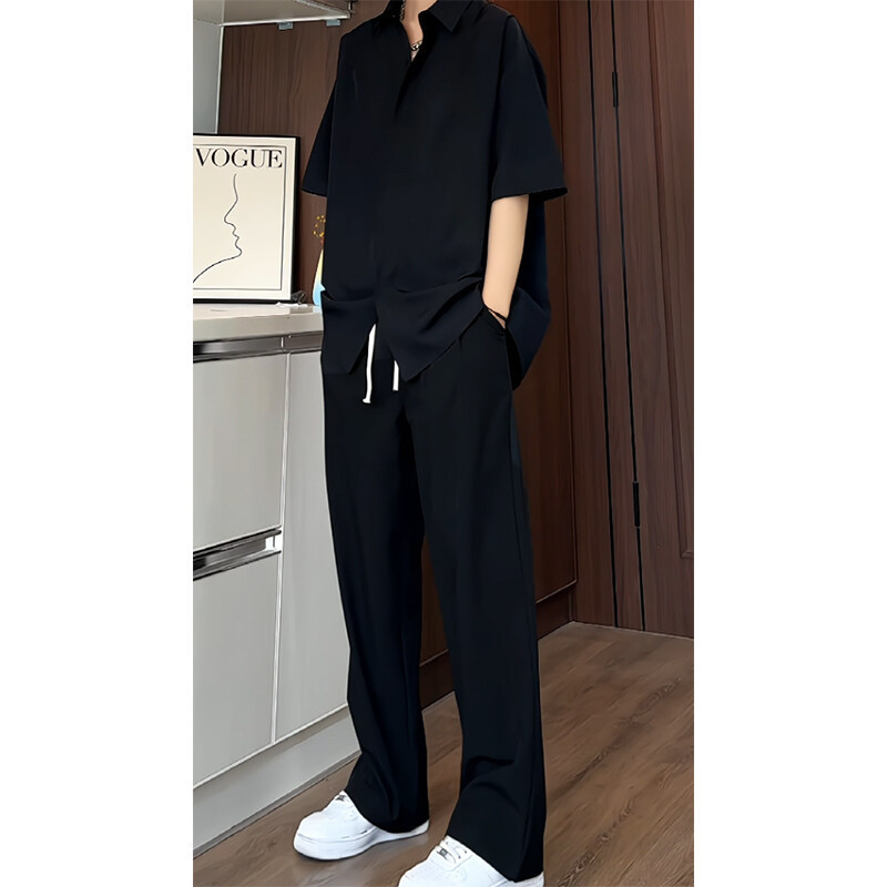Ice Silk Quick-drying Draped Short-sleeved Shirt American Casual Crock Pants plus size Solid Color Short-sleeved Top Pants Two-piece Set