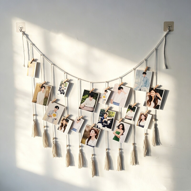 New ins-style photo clip with cotton rope and tassels, hanging photo bead string with tassels, wall-mounted photo wall decoration, creative display
