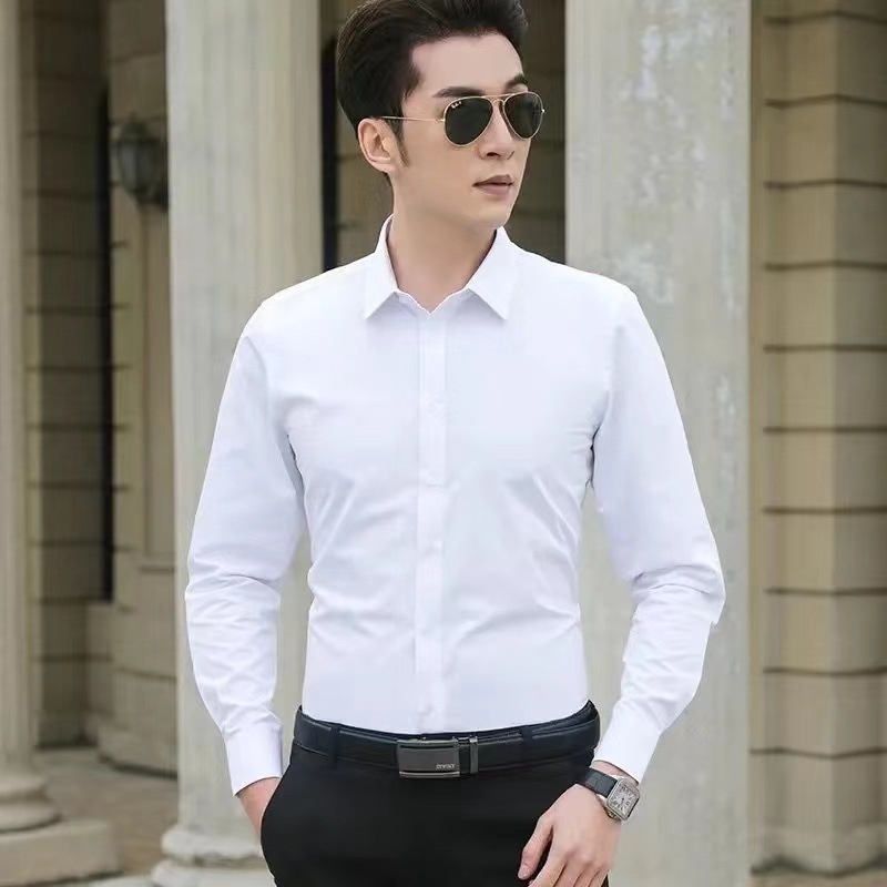 白色衬衫男长袖修身春秋季韩版潮流男士商务衬衣纯色帅气上衣