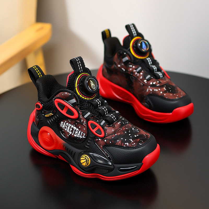 Fabricante explosión cool superficie de cuero antideslizante zapatos de baloncesto al aire libre de suela gruesa de combate real para niños giratorios zapatillas deportivas