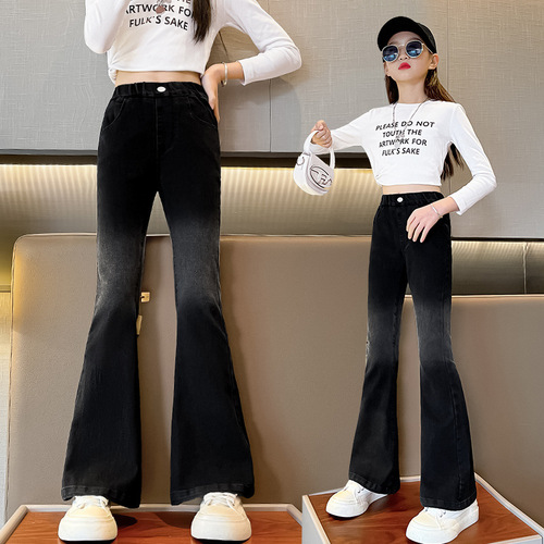 Kids' Fall Pants - Loose Straight Leg Casual Gradient Bell Bottoms for Girls - Stylish Black Denim Jeans Wholesale