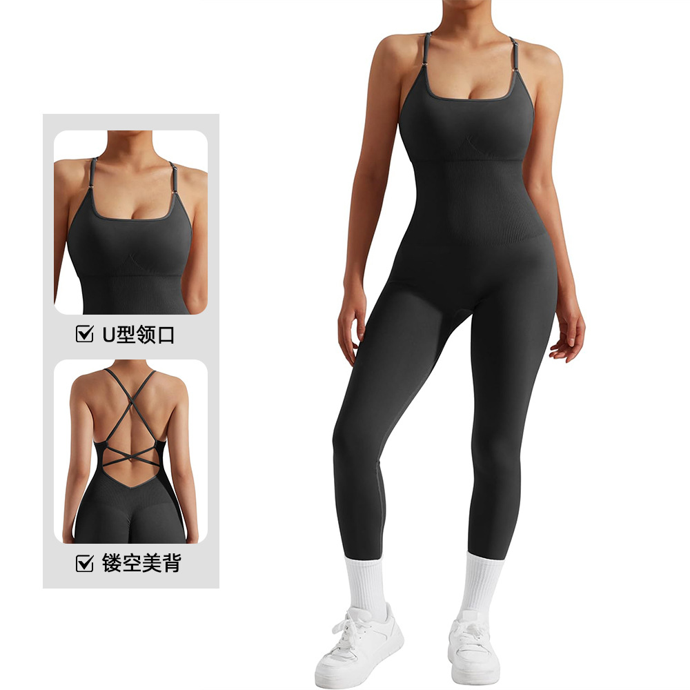 Cross-border in-stock hollow-out backless sports jumpsuit with U-neck, slim fit, slimming fitness yoga wear, quick-dry breathable long pants