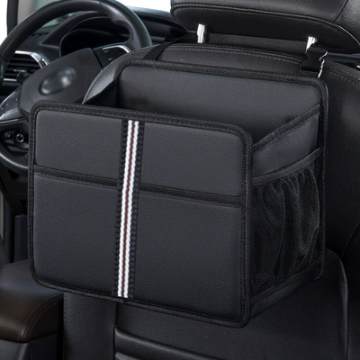 Car folding garbage bag car storage bucket car seat back hanging trash can rear row sundries box (Car storage bag/box) - h666i-square-barrel-lychee-pattern-white-ribbon