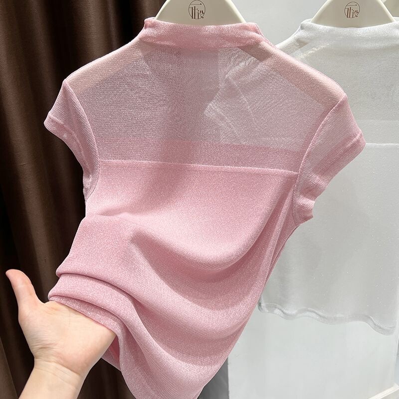 High-End Shiny Lace Patchwork Short-Sleeve T-Shirt for Women, Summer Ice Silk Mesh Half-High Collar Hollow-Out Slim-Fit Thin Top