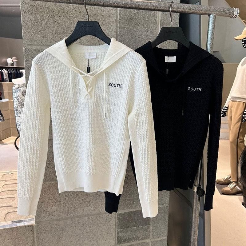 Korean Style Golf Women's Knitted Top Spring & Fall New Slim Long-Sleeved Navy Collar Drawstring Slimming Look Versatile White