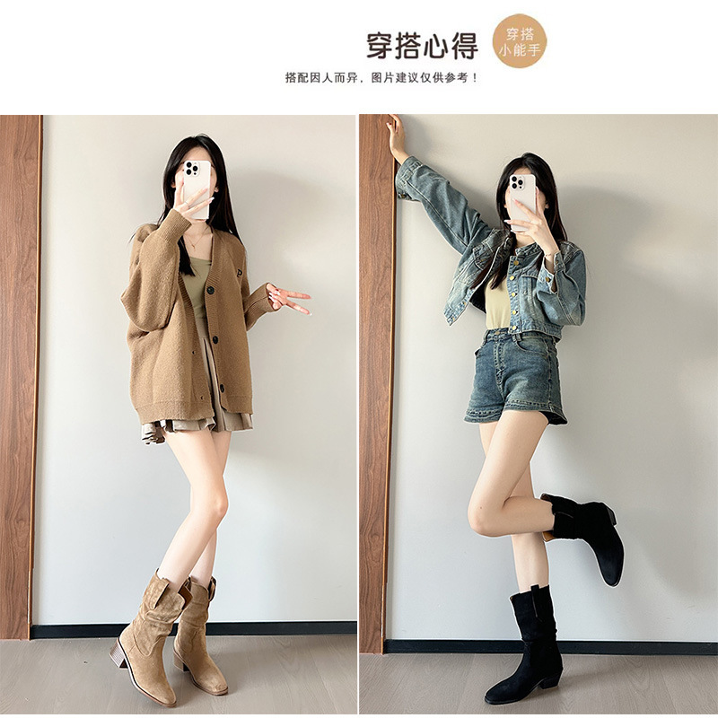 羊皮版赵露思同款尖头堆堆靴短靴女高跟复古西部牛仔骑士靴马丁靴|undefined