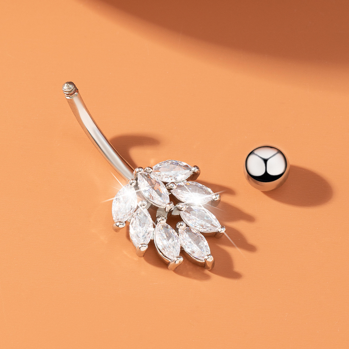 Stainless Steel Navel Ring With Zirconia Leaf Design For Women_voghion.com