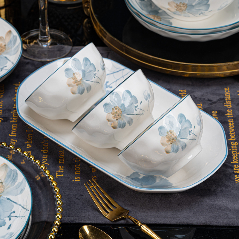 Japanese Underglaze Color Condensed Fragrance Flower Ceramic Tableware Rice Bowl Noodle Bowl Plate Fish Plate Dish Set Home Wholesale Factory